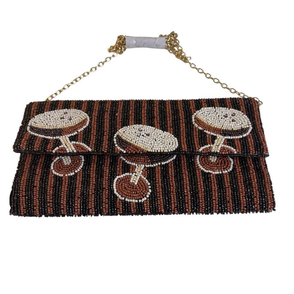 Rachel Zoe Beaded Espresso Martini Clutch w/ Gold Toned Chain.